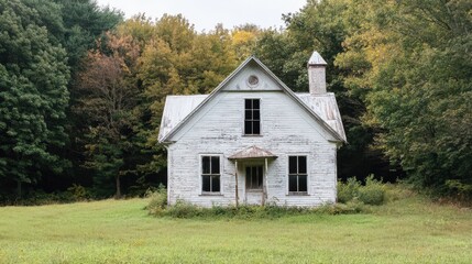 Obraz premium Weathered White Farmhouse Stands Alone In Woods