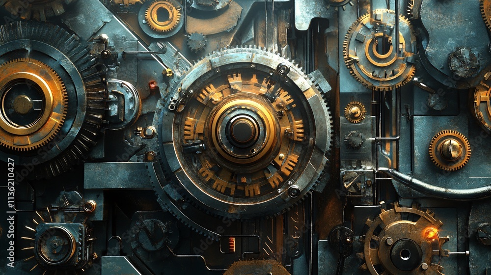 Fototapete complex clockwork mechanism with gears rotating and interlocking