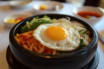 A sizzling stone bowl filled with vegetables, rice, and a fried egg, showcasing Korean cuisine.