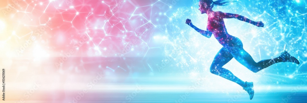 Poster dynamic energy of a runner in a colorful digital landscape during twilight