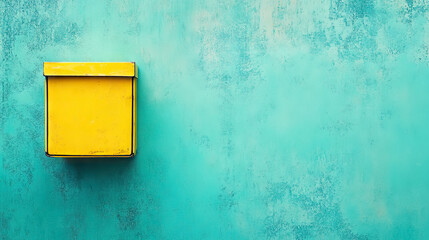 yellow box on light blue grunge background with copy space.