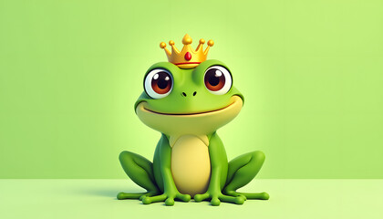 Flat art design, a playful cartoon frog with big eyes and a shiny crown