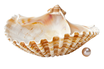 An open seashell with a pearl inside, isolated on a transparent background, perfect for ocean, jewelry, or nature-themed designs.