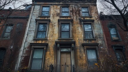 Fototapeta premium Weathered Brick Building Shows Time and Decay