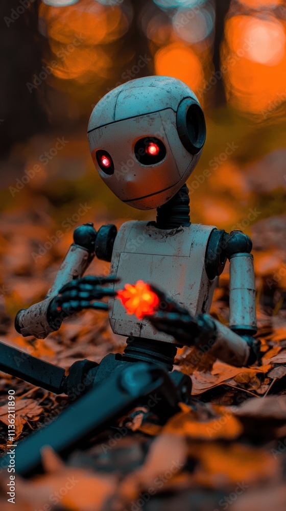 Poster Robot Character Holding a Glowing Object in a Forest Setting