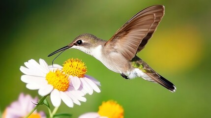 Hummingbird Feeding on Daisy Flower in a Garden