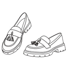 Women's Loafers Hollow Out Slip On Chunky Platform Work Travel Shoes Line art, Technical sketch hand drawing outline vector doodle side and top view isolated on white background for coloring page