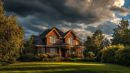 Obraz premium Beautiful brick house with dramatic sky and lush garden
