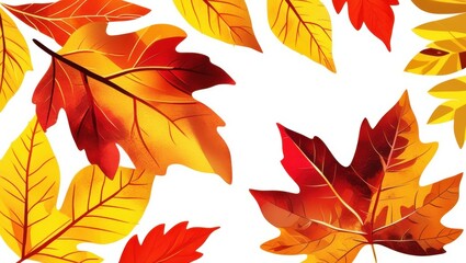 Fototapeta premium Autumn leaves, vibrant colors, red and orange foliage, detailed leaf veins, white background, botanical illustration, high contrast, maple leaves, falling leaves, seasonal artwork, closeup, nature stu