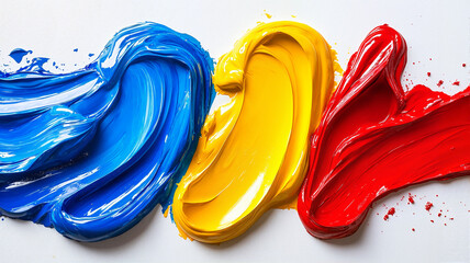 Bold blue, yellow, and red paint swirl together, showcasing an artistic color blending technique