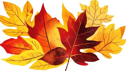 Naklejka premium Autumn leaves, vibrant colors, red and orange foliage, detailed leaf veins, white background, botanical illustration, high contrast, maple leaves, falling leaves, seasonal artwork, closeup, nature stu