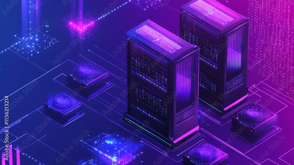 Poster a image depicting cryptocurrency mining. show realistic servers, cooling fans, and digital mining ri