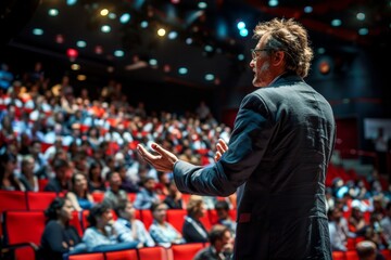 A speaker engages a captivated audience from the stage, bathed in warm light for dynamic atmosphere
