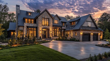 Luxurious stone and brick house exterior at dusk with illuminated driveway and landscaping