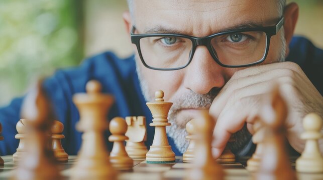 Focused man playing chess, strategic thinking.