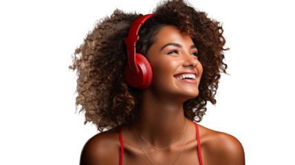 Smiling African American woman in a red tank top listening to music with wireless headphones, isolated on transparent background.