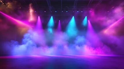 Obraz premium A concert stage with fog machines, colorful lights, and a crowd waiting in anticipation.