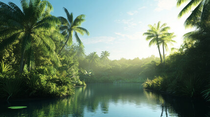 Obraz premium A photorealistic graphics rendering of a natural landscape, achieving near-perfect realism in digital form