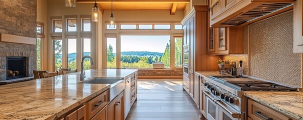 Fototapeta premium Modern kitchen showcasing stunning valley view in luxury home