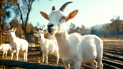 Obraz premium A quiet farm scene with three breeds of goats together, each with its own unique personality, under a clear sky, shows the diversity and charm of the goat world.
