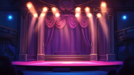 A grand stage illuminated with bright spotlights, set for a spectacular live performance.
