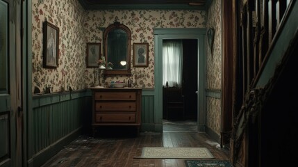 Old House Hallway Antique Furniture Floral Wallpaper