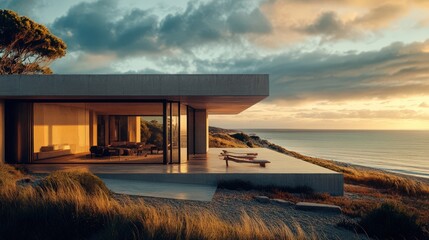 Fototapeta premium Modern Coastal Home Sunset Ocean View