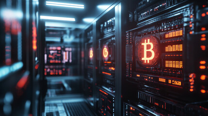 A realistic image showcasing Bitcoin mining, with powerful computers and mining rigs producing Bitcoin icons against a backdrop of blockchain code. 