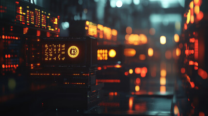 A realistic image showcasing Bitcoin mining, with powerful computers and mining rigs producing Bitcoin icons against a backdrop of blockchain code.