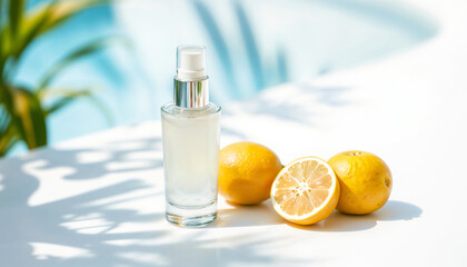 bottle of whitening and repairing serum with lemons