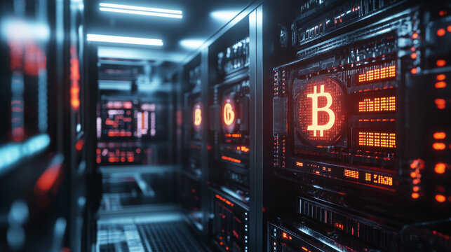 A realistic image showcasing Bitcoin mining, with powerful computers and mining rigs producing Bitcoin icons against a backdrop of blockchain code. - Powered by Adobe