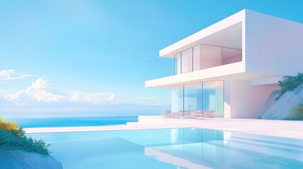 Fototapeta premium Modern white house with infinity pool overlooking ocean.