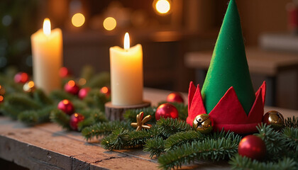 Christmas decoration with green elf hat and candles on wooden table, warm atmosphere, festive scene
