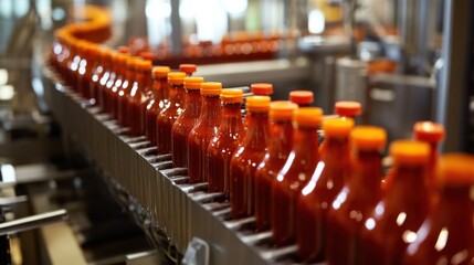 Obraz premium A large sauce production factory with automated systems blending, filling, and sealing sauces into bottles for mass production.
