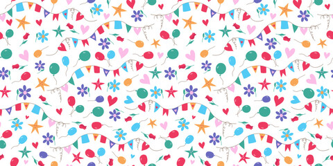 Pattern holiday decor. Flags, strings, hearts, balloons, stars and flowers. Birthday, Valentine's Day. Funny cartoon icons. Seamless repeating background.