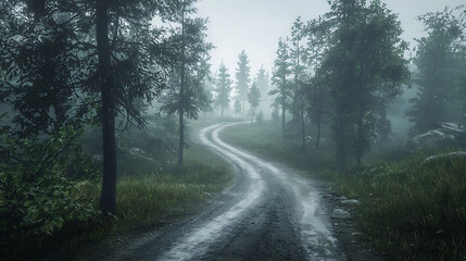 Fototapeta premium A forest road is wet and muddy, with trees lining the sides