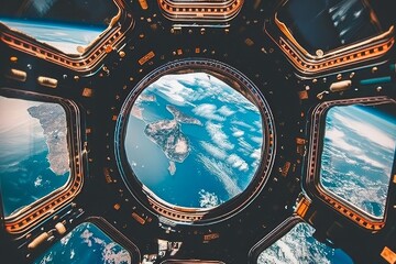 Earth Observation Multiple Portholes on Space Station Reveal Stunning Views of Blue Planet