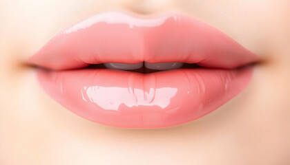 Naklejka premium Closeup Shot of Luscious Pink Lips with Glossy Finish, Beauty and Makeup Concept