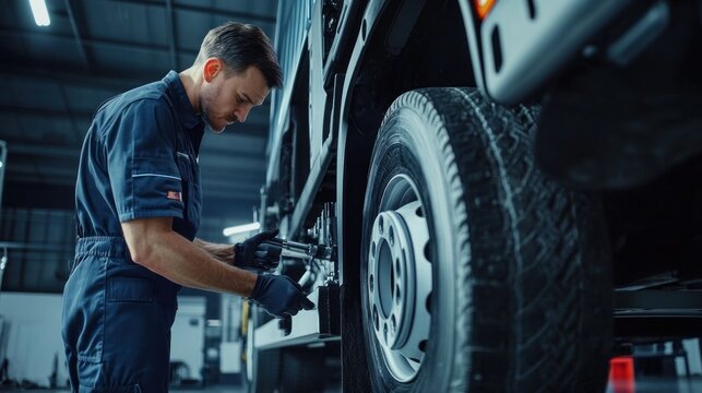 A mechanic checking the suspension of a truck with a diagnostic tool in a professional auto repair workshop.