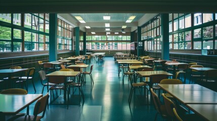 An empty school cafeteria with wooden tables, blue floors, and ample natural light. Clean, spacious, and quiet atmosphere with vacant chairs.