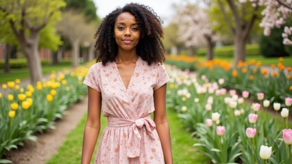 Fototapeta premium Spring season styles: a fresh collection of floral dresses, light blouses, and pastel skirts, showcased in a blooming garden