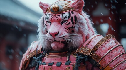 Pink tiger samurai in snow.
