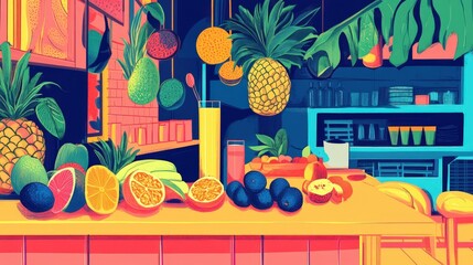 Vibrant Tropical Fruit Stand Juice Bar Scene