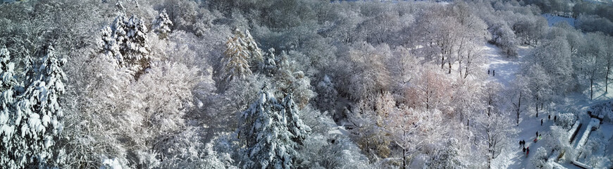 Winter Munich is full of snow part of the park and the city above. Panoramic photo. Aerial view