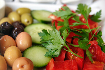 Turkish Traditional Breakfast Food Salad with Cucumber and Tomato
