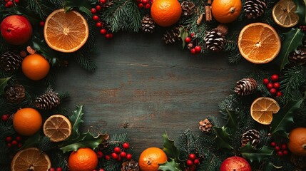 Christmas background featuring oranges, pine cones, and holly leaves creating a festive frame
