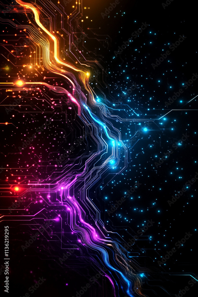 Aufkleber futuristic digital circuit illustration with glowing neon lines forming an interconnected web struct