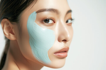 A young girl 20-30 years old of Asian appearance with a blue cream mask on her face on a light background