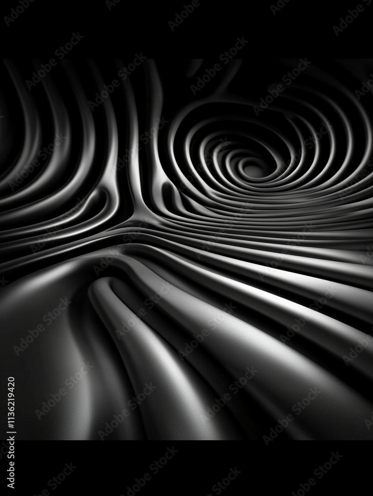 Poster abstract black and white wavy surface with light reflections creating fluid lines and optical illusi