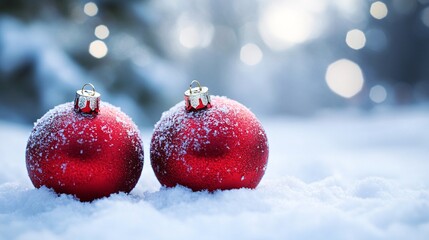 Two red christmas balls resting on snow during winter time